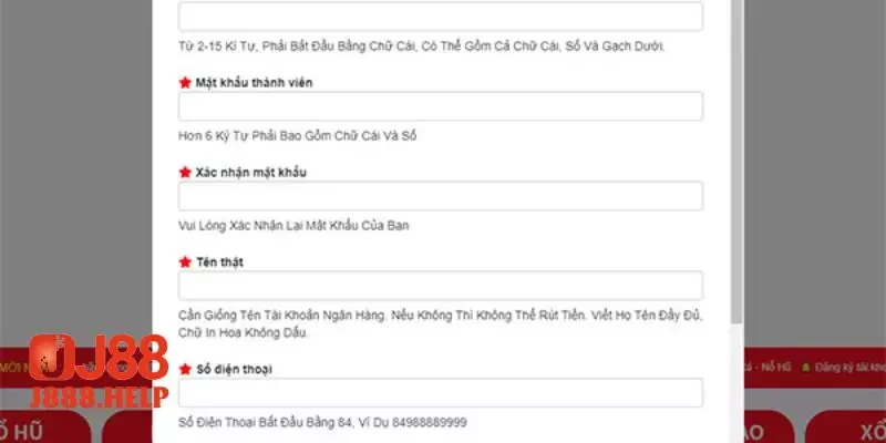 Điền đầy đủ dữ liệu đăng ký J88 vào biểu mẫu 